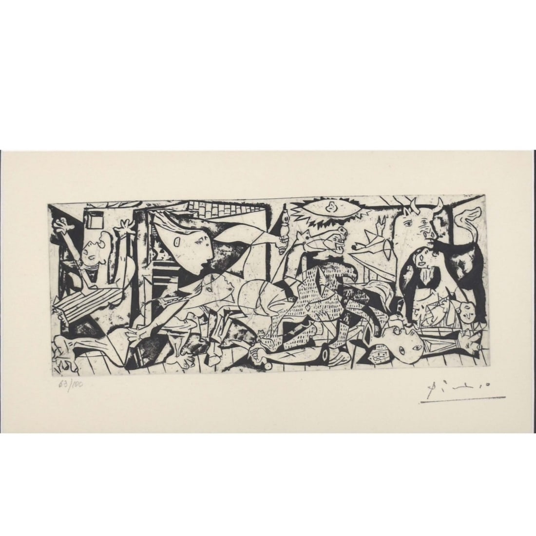 Pablo Picasso, Spanish (1881-1973): Pablo Picasso, Spanish (1881-1973) "Guernica". Etching print framed under plexiglass signed and numbered 63/100 on wove paper with embossed seal. Image area measures: 5" H, 12-1/8" W, frame measures: