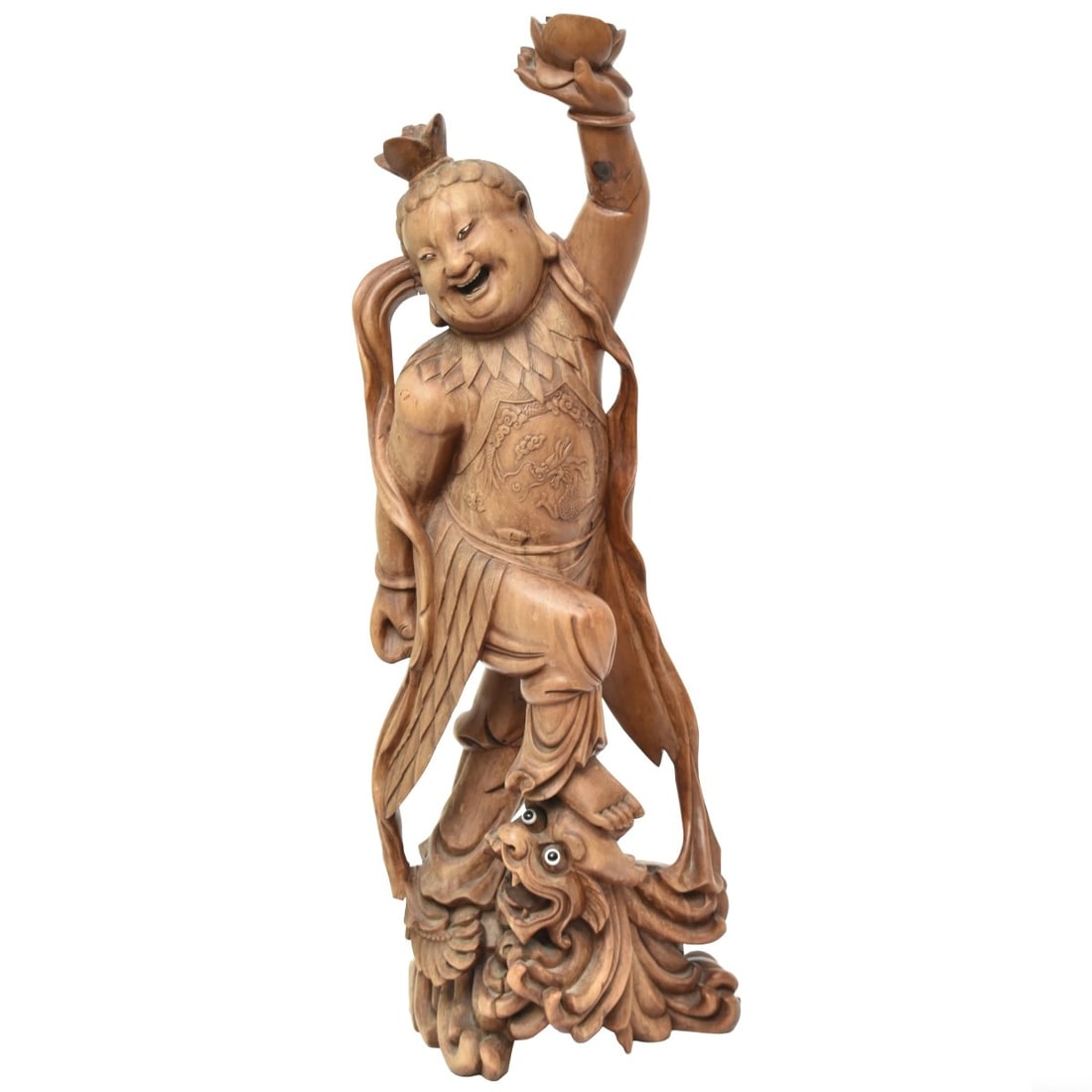 Carved Chinese Sculpture of a Lady: Late 20th Century Carved Chinese Sculpture of a Lady with a Foot on the Head of a Stylized Dragon. Measures: 33-1/2" high, 13" wide, 8" deep. From an important Palm Beach, Florida art collection.