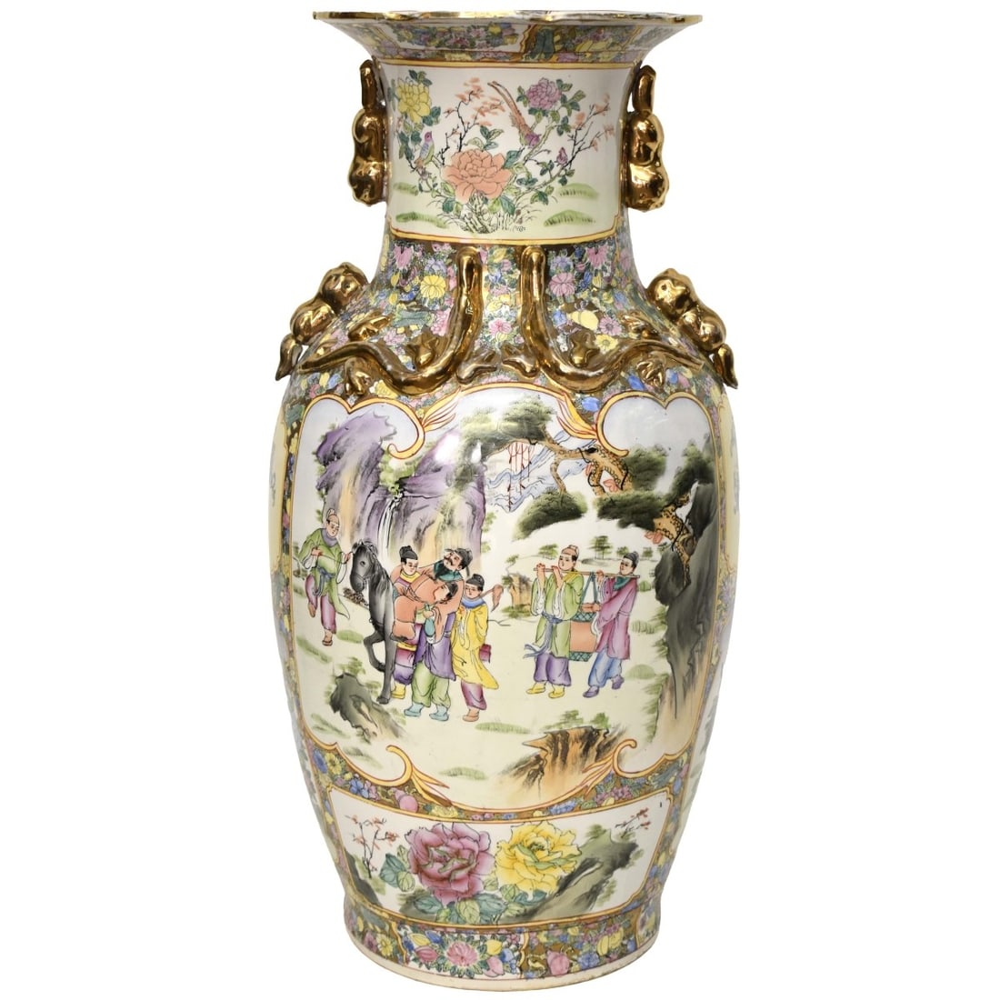 Chinese Porcelain Vase: Large Vintage 20th Century Chinese Famille Rose Painted and Parcel Gilt Porcelain Vase. Measures 36" H, 22" W. Kodner Galleries offers phone and absentee bidding at a low, flat 21% buyer’s premi