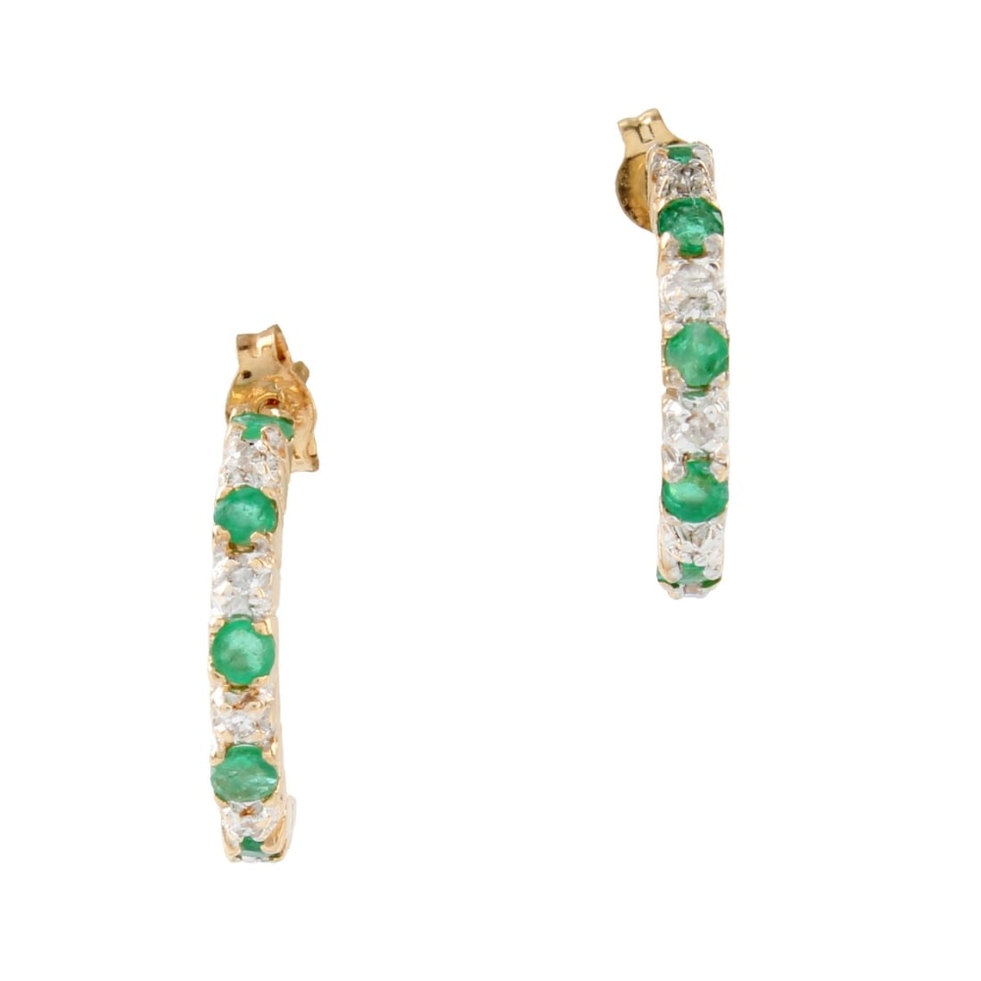 Diamond, Emerald and 14K Hoop Earrings: Delicate Vintage Small Round Cut Diamond, Emerald and 14 Karat Yellow Gold Half Hoop Earrings. Measure 5/8" L. Approx. weight: 1.38 grams. Kodner Galleries offers phone and absentee bidding at a low,