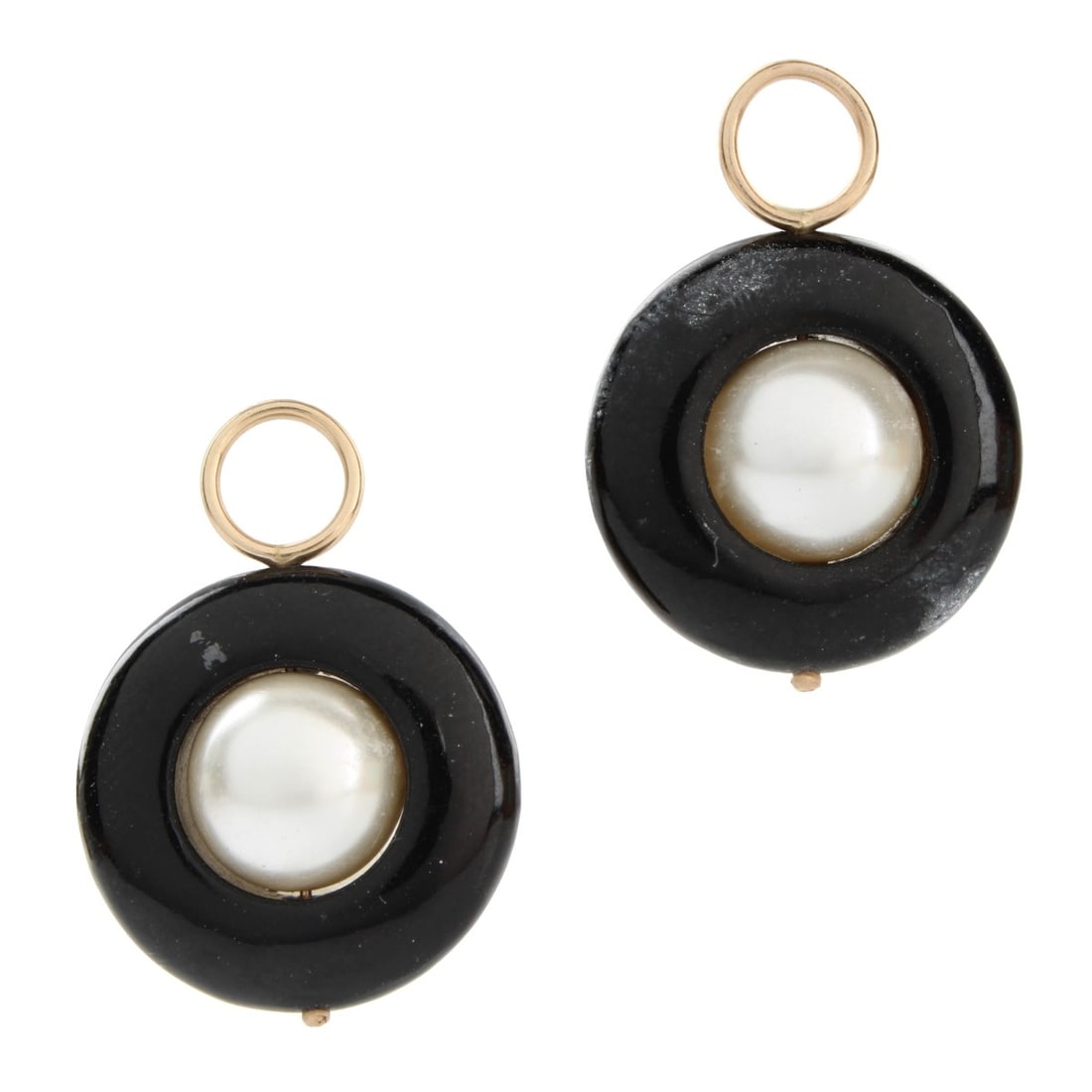 Onyx, Pearl and 14K Earring Pendants: Vintage Black Onyx. 10mm Pearl and 14 Karat Yellow Gold Hoop Earring Pendants. Measure 1-1/8" L, 3/4" W. Approx. total weight: 8.32 grams. Kodner Galleries offers phone and absentee bidding at a low,