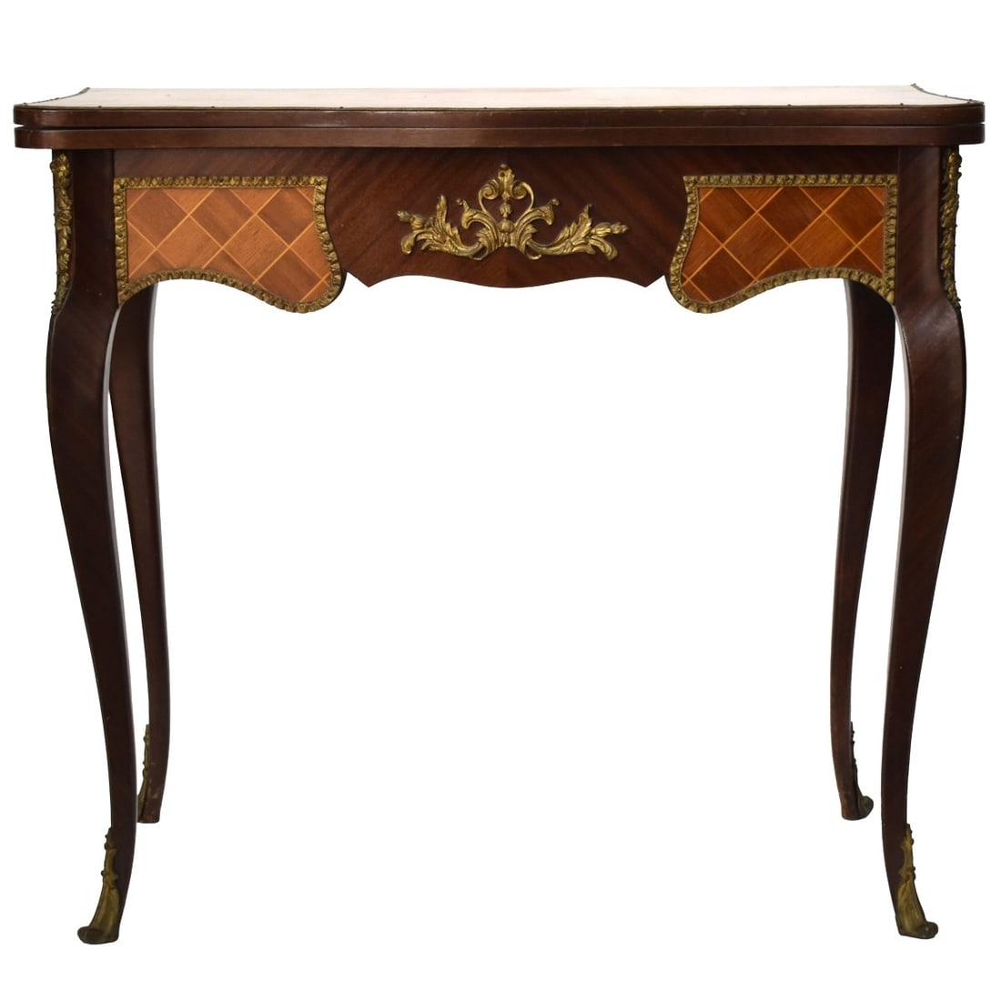 Vintage Marquetry Game Table: Vintage Marquetry Game Table with Bronze Mounts with Green Felt Top. When closed measures: 30" high, 33" wide, 16-1/2" deep, when open top measures: 33" wide, 33" deep. Kodner Galleries offers phone