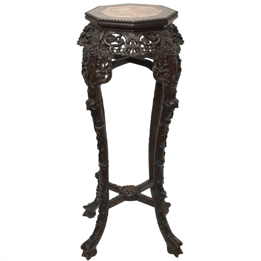 Chinese Carved Plant Stand: Antique Chinese Hard Wood and Marble Octagon Shape Top Jardiniere-Plant Stand. Finely carved with leaves and berries. Measures: 36" high, 15" diameter. From an important Palm Beach, Florida art