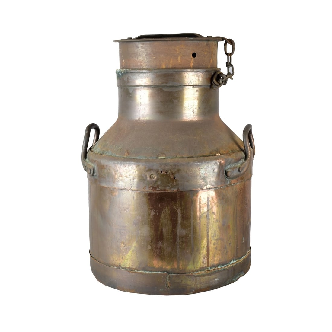 Copper Two Handled Milk Can: Antique Copper Two Handled Milk Can, marked with a 501. Top has chain.. Measures 21"H to top of lid, 14" Dia. Kodner Galleries offers phone and absentee bidding at a low, flat 21% buyer’s