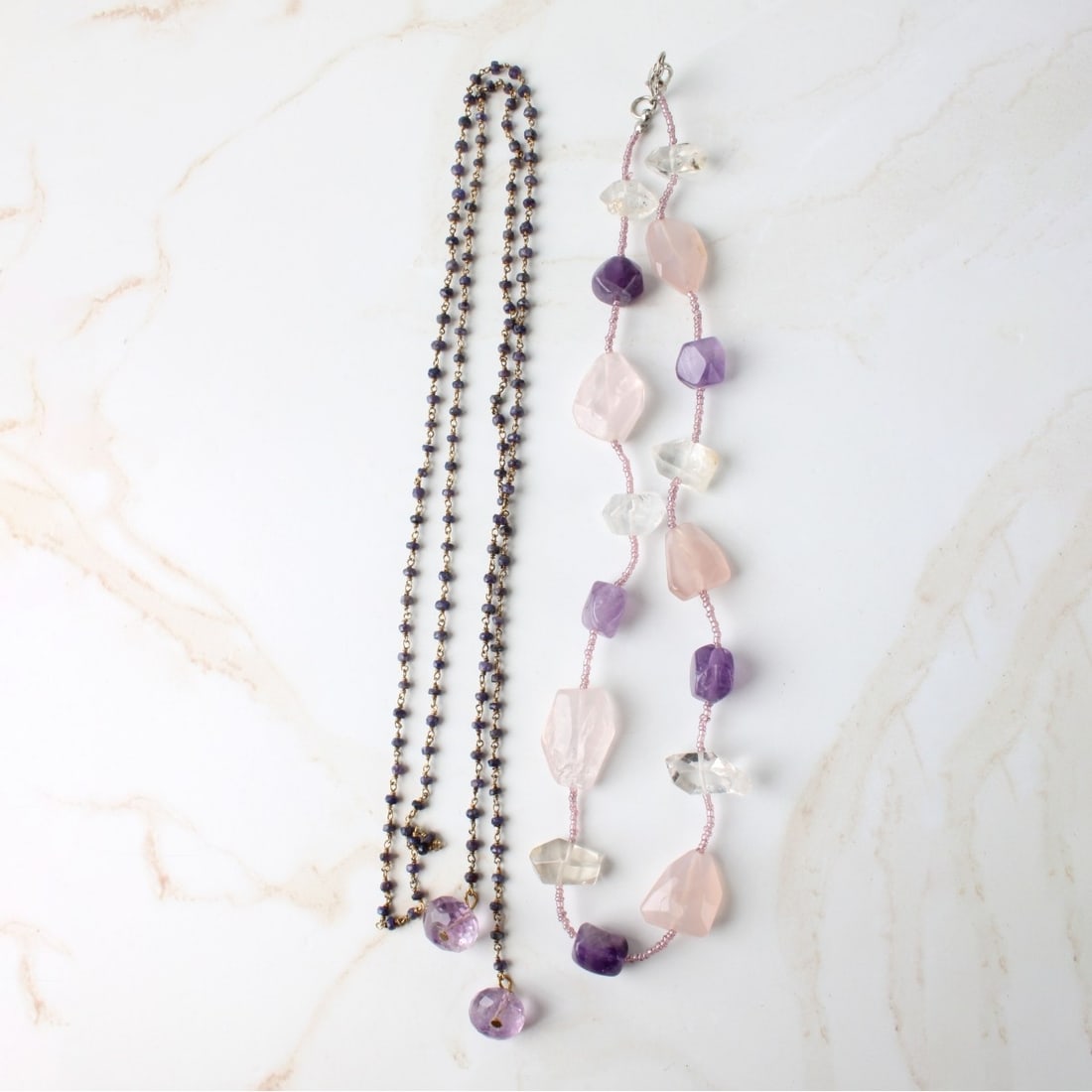 Amethyst and Quartz Necklaces: Two Vintage Amethyst and Quartz Necklaces. One lariat style set with amethyst beads, the other set with amethyst, rose and clear quartz. Lariat necklace measures 37" L, the other measures 17" L.