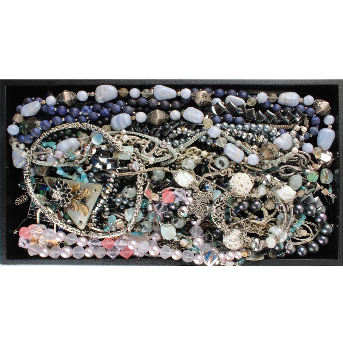 Tray Lot of Fashion Necklaces: Tray Lot of Vintage Fashion Necklaces. Variously accented with faux pearls, crystals, hardstones, hematite and more. Various styles and makers. Kodner Galleries offers phone and absentee bidding at a