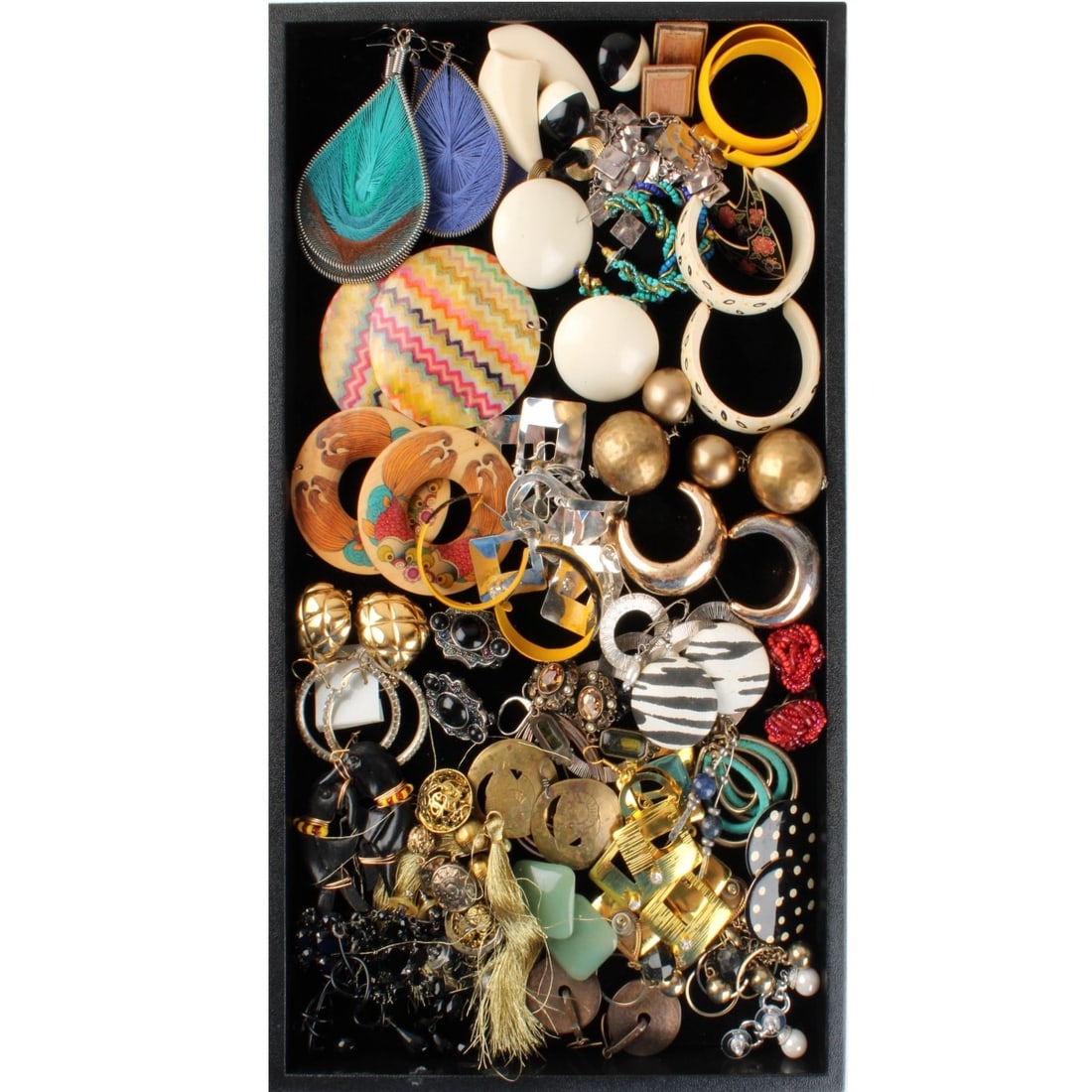 Tray Lot of Fashion Earrings: Tray Lot of Vintage Fashion Earrings. Variously accented with faux diamonds, shell, enamel, black onyx and more. Various makers and styles. Kodner Galleries offers phone and absentee bidding at a