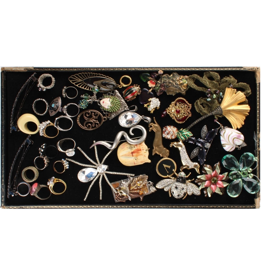 Tray Lot of Fashion Jewelry: Tray Lot of Vintage Fashion Jewelry, To include pins, rings and hair clips. Variously accented with faux, diamonmds, color stones, enamel and more. Various makers and styles. Kodner Galleries offers