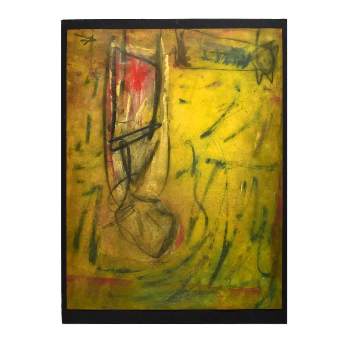 Karl Mullen, Irish (Born 1954): Karl Mullen, Irish (Born 1954) Mixed Media on Paper Laid on Cardboard "Abstract Standing Figure in Interior Scene" Signed Lower Right. Sheet measures 25" x 19-1/8".Backing measures 27-1/4" x 20".