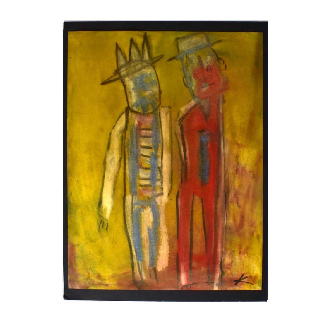 Karl Mullen, Irish (Born 1954): Karl Mullen, Irish (Born 1954) Mixed Media on Paper Laid on Cardboard "Conversation Between Two Abstract Standing Figures" Signed Lower Right. Sheet measures 25" x 19-1/8".Backing measures 27-1/4" x