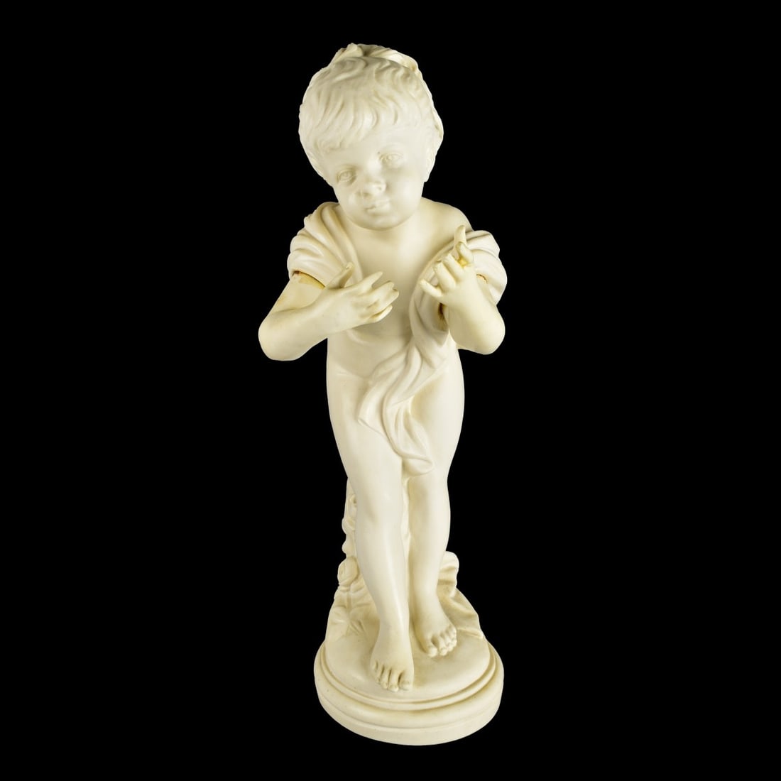 Large Composition Sculpture: Large Vintage Composition Sculpture of a Young Child. Unsigned. Measures 20-3/4" x 7-1/2" x 9-1/2". Kodner Galleries offers phone and absentee bidding at a low, flat 21% buyer’s premium without