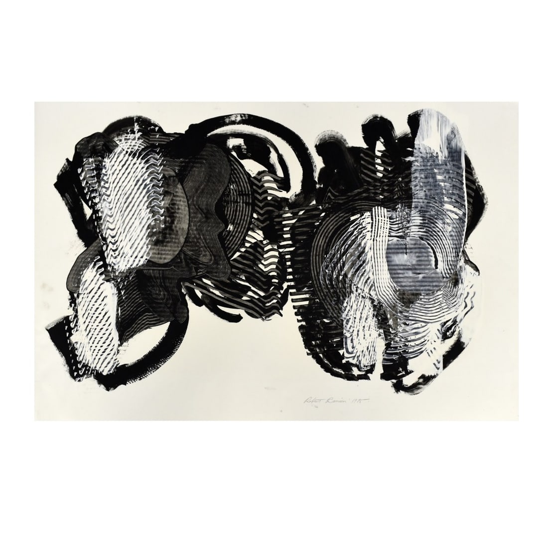 Robert Ranieri, American (Born 1930): Robert Ranieri, American (Born 1930) Oil on Paper "Black and White Abstract Composition" Signed and Dated 1995 Lower Left. Unframed. Measures 23-7/8" x 35-3/4". Please note, this lot will be rolled