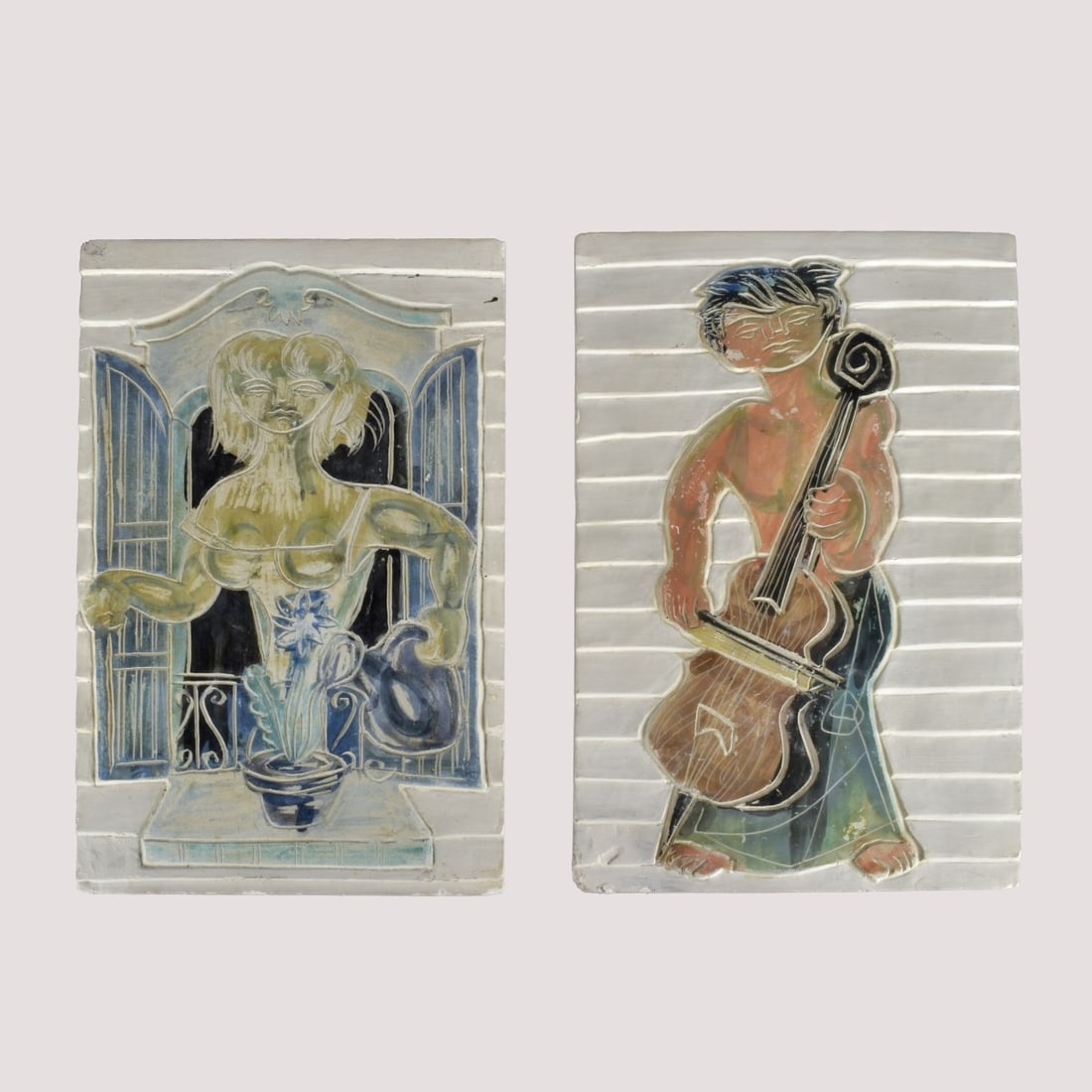 Pair of Italian Pottery Plaques: Pair of Botello Style Italian Pottery Plaques. Marked en verso. Measures 15-3/4" x 9-3/4". Kodner Galleries offers phone and absentee bidding at a low, flat 21% buyer’s premium without