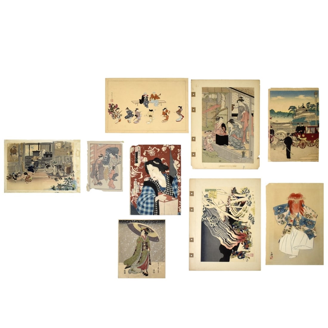 Japanese Woodblock Prints: (9) Japanese Woodblock Prints, 18/19th century. Unsigned. Largest measures: 15" H, 10" W, smallest measures: 10" H, 6" W. Kodner Galleries offers phone and absentee bidding at a low, flat 21%