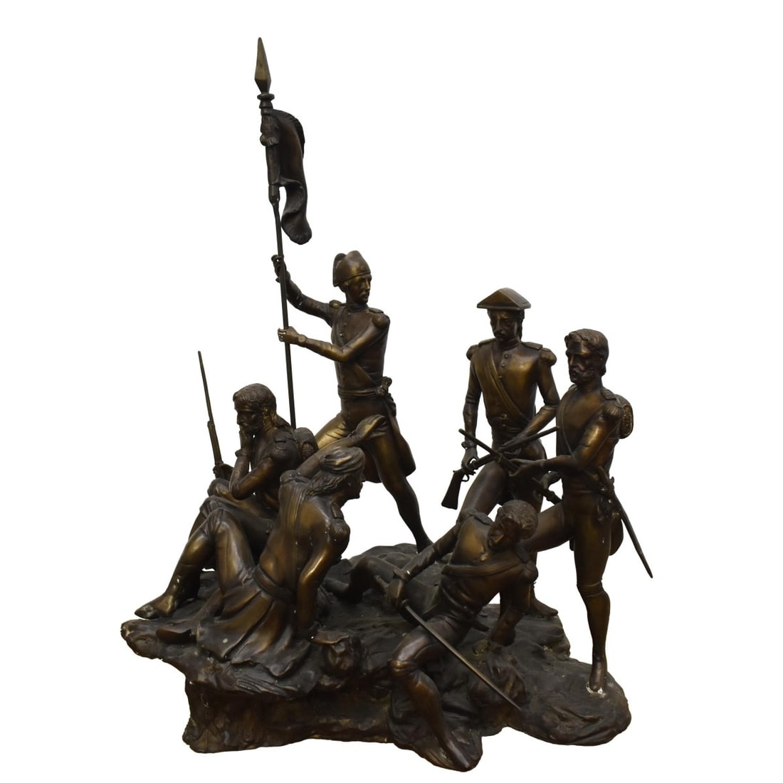 French Figurine of Soldiers.: French White Metal Figurine of Six Soldiers with Long Riffles Raising a Flag. 20th century. Measures: 26" H, 19" W, 13" D. Kodner Galleries offers phone and absentee bidding at a low, flat 21%