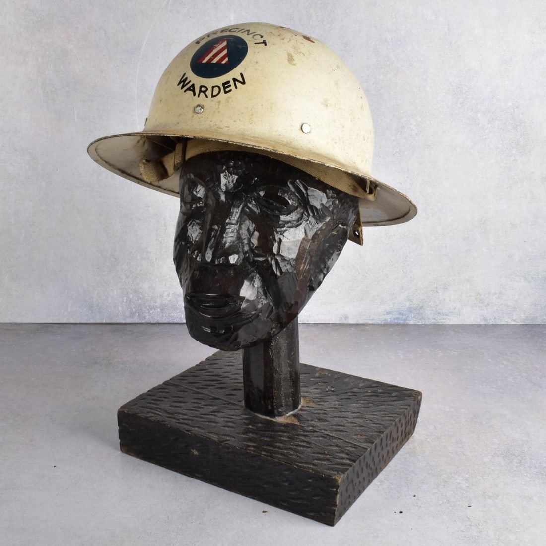 Civil Defense Metal Metal Helmet: WW II-Civil Defense Metal Metal Helmet with Interior Lining and Straps. Circa 1940. Marked " Precinct Warden" outside and marked " J.H. Caswell" inside. Kodner Galleries offers phone and absentee