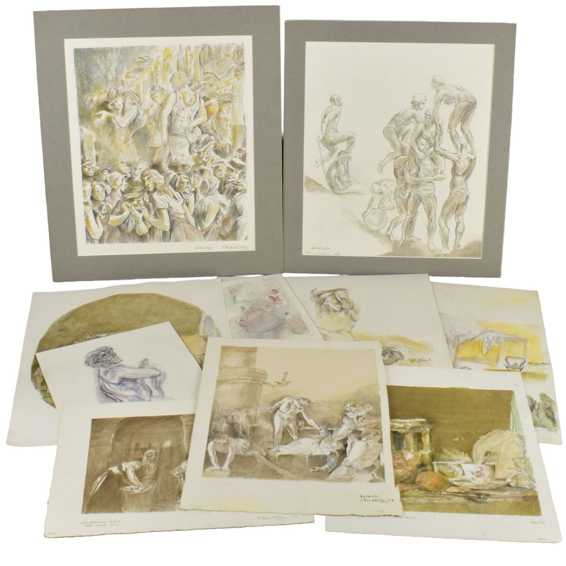 Philip Kovalsky, America: Philip Kovalsky, America. Assortment of ten (10) studies-sketches on paper. Largest sheet size measures: 15-1/2" high, 13" wide. Kodner Galleries offers phone and absentee bidding at a low, flat 21%