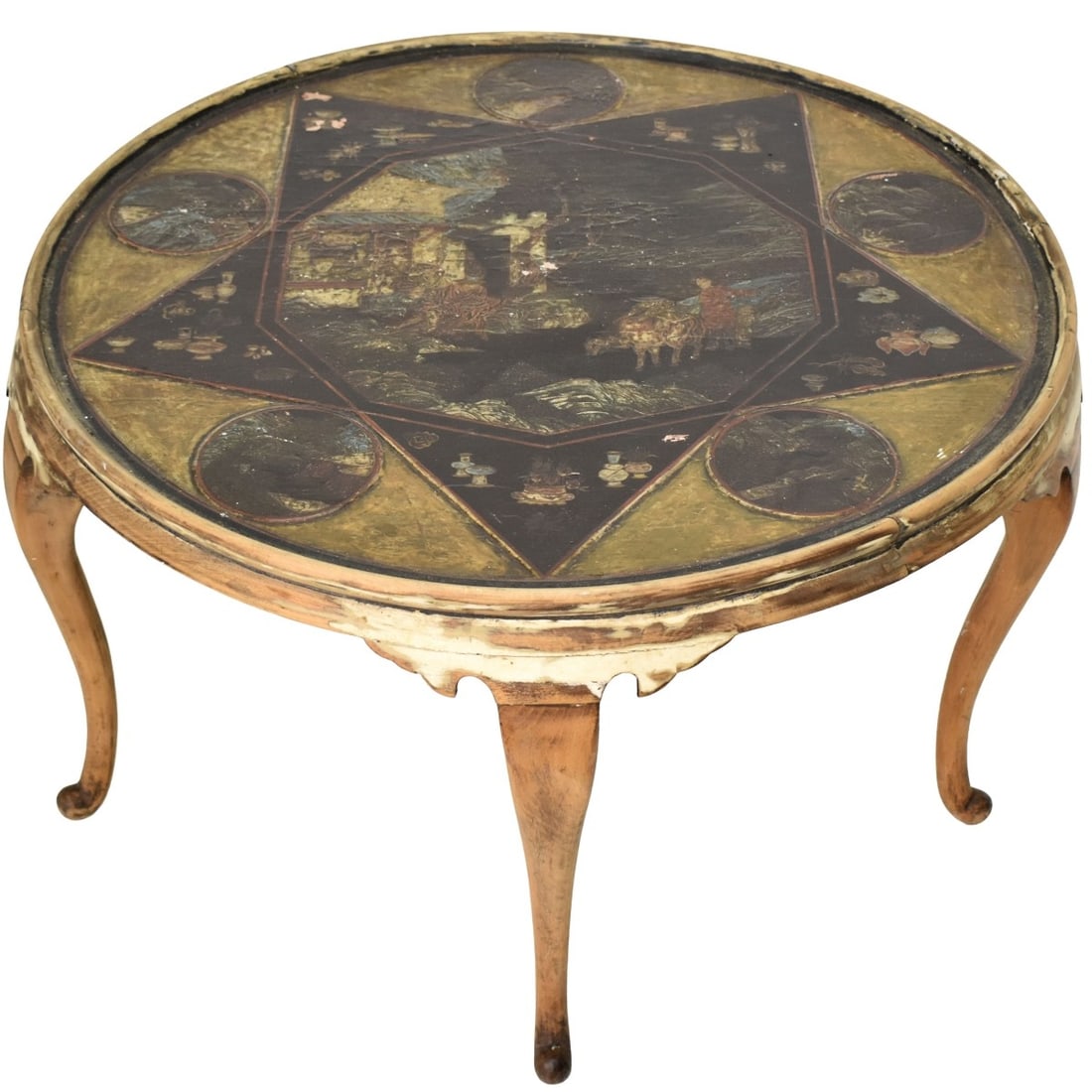 Vintage Painted Chinese Round Wood Table: Vintage Painted Chinese Round Wood Table. Measures: 18" high, 31" diameter. Kodner Galleries offers phone and absentee bidding at a low, flat 21% buyer’s premium without surcharge or hidden fees