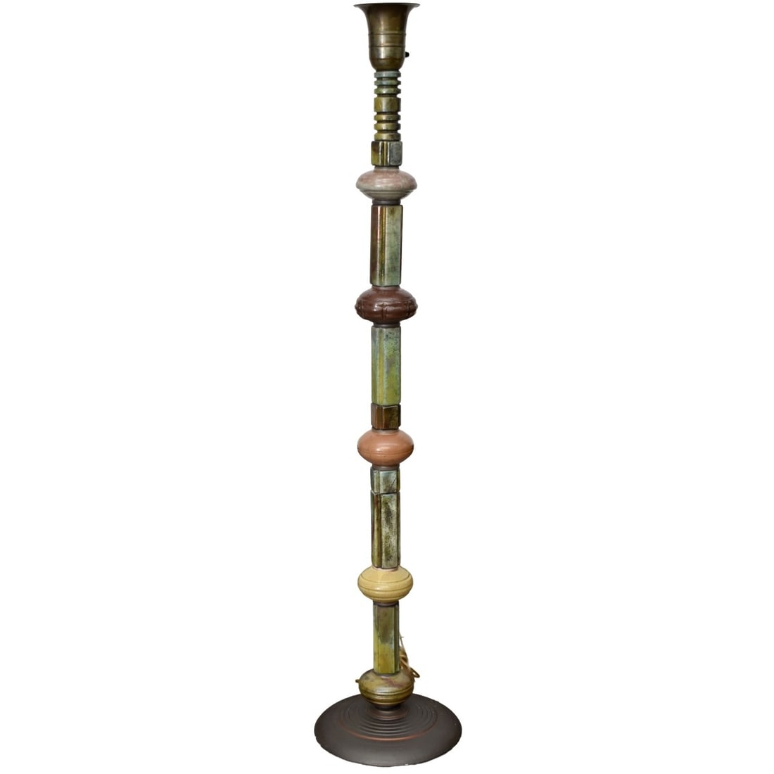 Studio Pottery Floor Lamp: Studio Pottery Multi-colored Floor Lamp. Measures: 62" high, base measures: 12-1/2" diameter. Kodner Galleries offers phone and absentee bidding at a low, flat 21% buyer’s premium without surcha