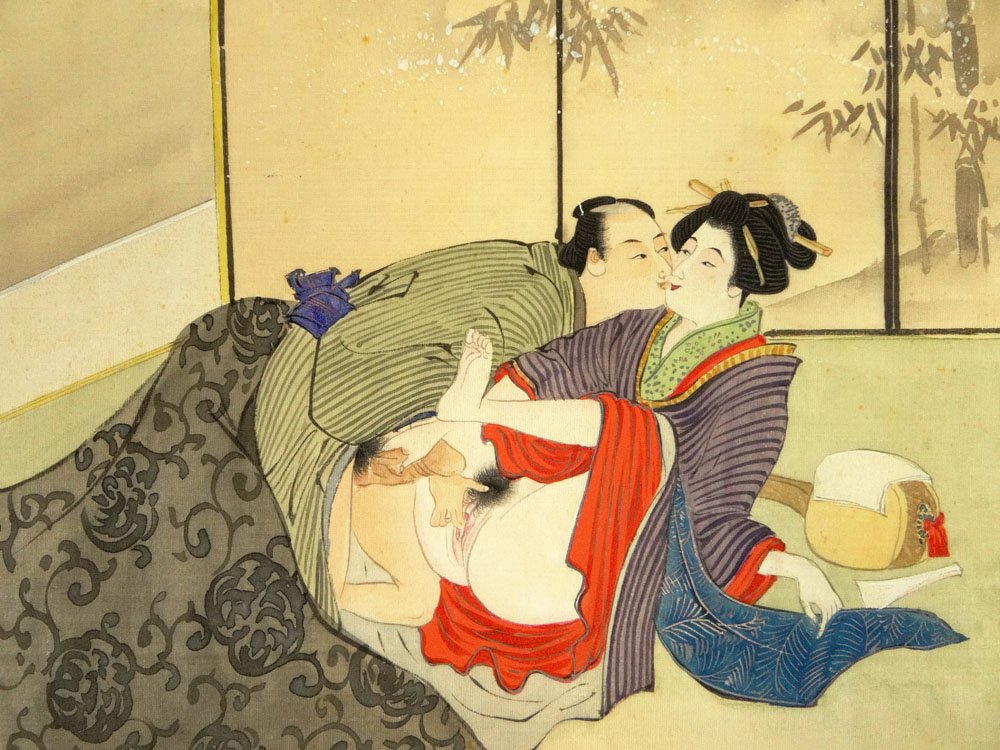 Erotic 19/20th Century Japanese Shunga Mixed Media on: Erotic 19/20th Century Japanese Shunga Mixed Media on Woven Linen Painting Laid on Paper and Paper Laid on Cardboard Matting. Unsigned. Please Do not Pursue If you are Easily Offended by Erotica. Good