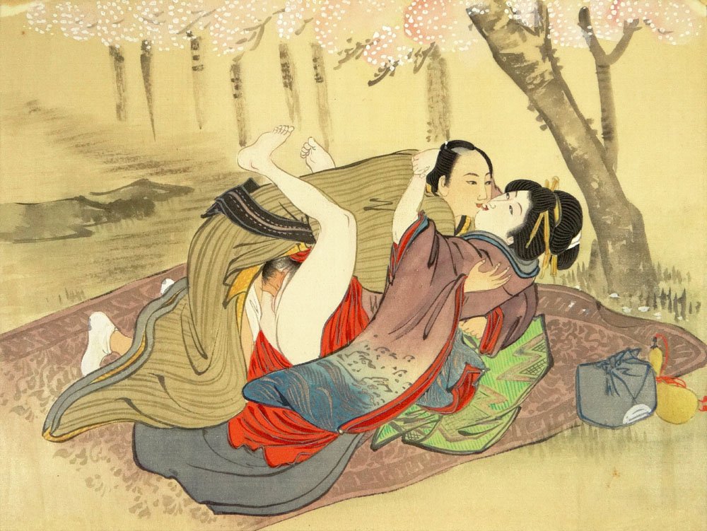 Erotic 19/20th Century Japanese Shunga Mixed Media on: Erotic 19/20th Century Japanese Shunga Mixed Media on Woven Linen Painting Laid on Paper and Paper Laid on Cardboard Matting. Unsigned. Please Do not Pursue If you are Easily Offended by Erotica. Mino
