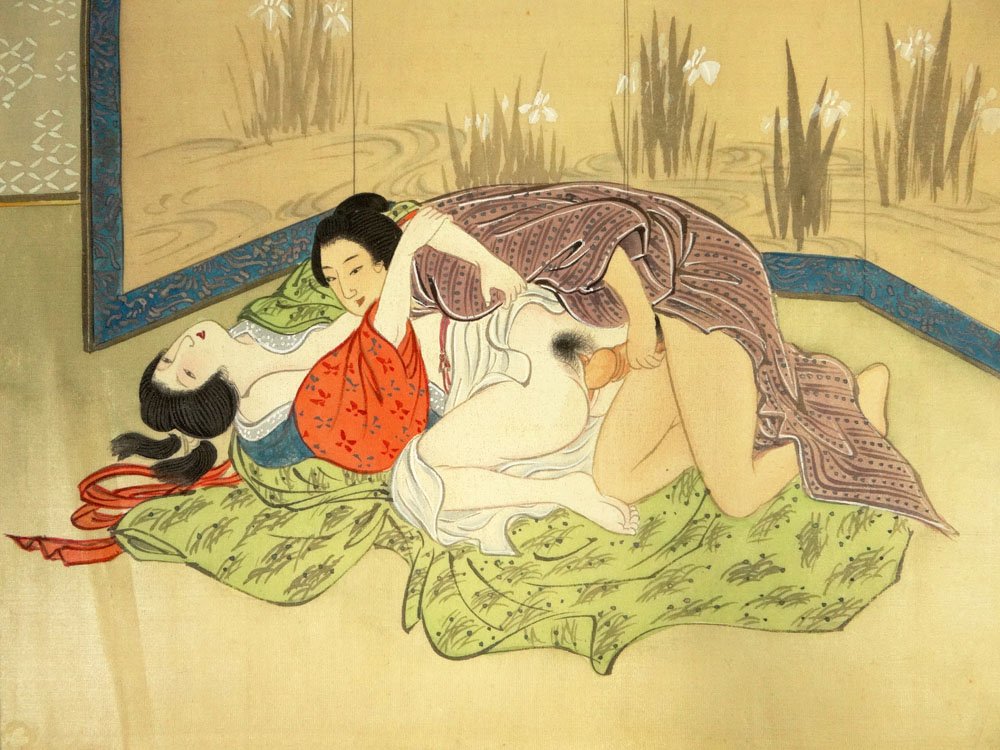 Erotic 19/20th Century Japanese Shunga Mixed Media on: Erotic 19/20th Century Japanese Shunga Mixed Media on Woven Linen Painting Laid on Paper and Paper Laid on Cardboard Matting. Unsigned. Please Do not Pursue If you are Easily Offended by Erotica. Mino
