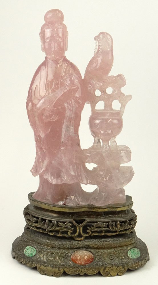 Large Early 20th Century Chinese Carved Rose Quartz: Large Early 20th Century Chinese Carved Rose Quartz Guanyin Figure with Bird and with Fitted Bronze Base with Inset Carved Jade and Carnelian Medallions. Unsigned. Rubbing to Bronze Base Otherwise Goo