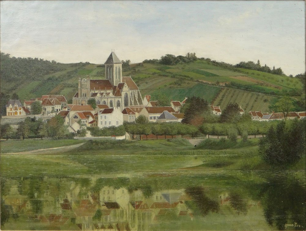 Jean Eve, French (1900-1968) Oil on Canvas "Village: Jean Eve, French (1900-1968) Oil on Canvas "Village Church". Signed Lower Right. Good Condition or Better. Measures 18 Inches Tall and 24 Inches Wide, Frame Measures 25-1/4 Inches Tall and 31 Inches W