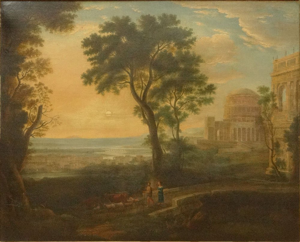 after: Claude Gellée called Claude Le Lorraine French: after: Claude Gellée called Claude Le Lorraine French (1600-1682) Circa 18/19th Century Oil on Canvas "Pastoral Landscape". Unsigned. Good Condition but with signs of decay to edges of canvas en vers