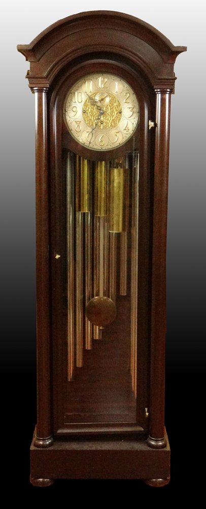 Frank O Herschede Tall Case Clock Made for J. E.: Frank O Herschede Tall Case Clock Made for J. E. Caldwell, Philadelphia, Pennsylvania. Made in Cincinnati, Ohio, Circa 1915-1925 with Cut and Layered Bronze, Brass and Silvered Dial with Seconds Dial 