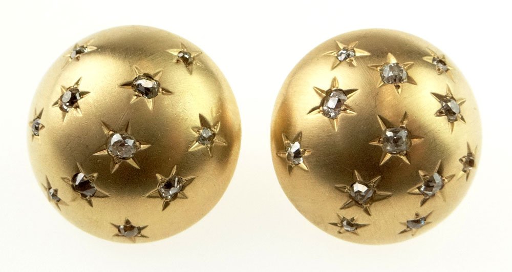 Pair of Antique Approximately 1-1/2 Carat Old Mine Cut: Pair of Antique Approximately 1-1/2 Carat Old Mine Cut Diamond and 14 Karat Yellow Gold Dome Shape Ear Clips. These clips may have once been cuff links. Unsigned. Surface Wear from Normal Use Otherwis