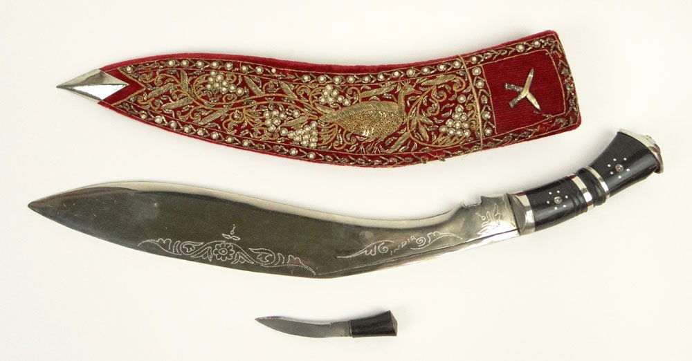 Indian Machete Knife, Khukuri style with Faux Pearl: Indian Machete Knife, Khukuri style with Faux Pearl Inlaid Velvet Sheath which Holds Smaller Knives (one of the smaller knives missing). Signed Engraved India on Blade. Break to Handle or else Good Co