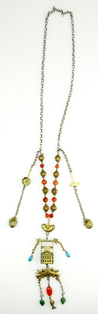 Vintage Chinese Charm Necklace with Carnelian and: Vintage Chinese Charm Necklace with Carnelian and Turquoise Beads. Unsigned. Good Condition or Better. Measures 20 Inches Long. Provenance: Estate of a Fort Lauderdale, Florida Collector. The Proceeds