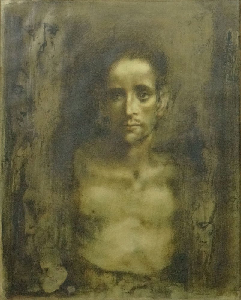 Conger A. Metcalf, American (1914-1998) Mixed Media on: Conger A. Metcalf, American (1914-1998) Mixed Media on Paper "Portrait of Young Man with Background Images". Signed Upper Right. Measures 23-1/2 Inches Tall and 19 Inches Wide, Frame Measures 31-1/4 I