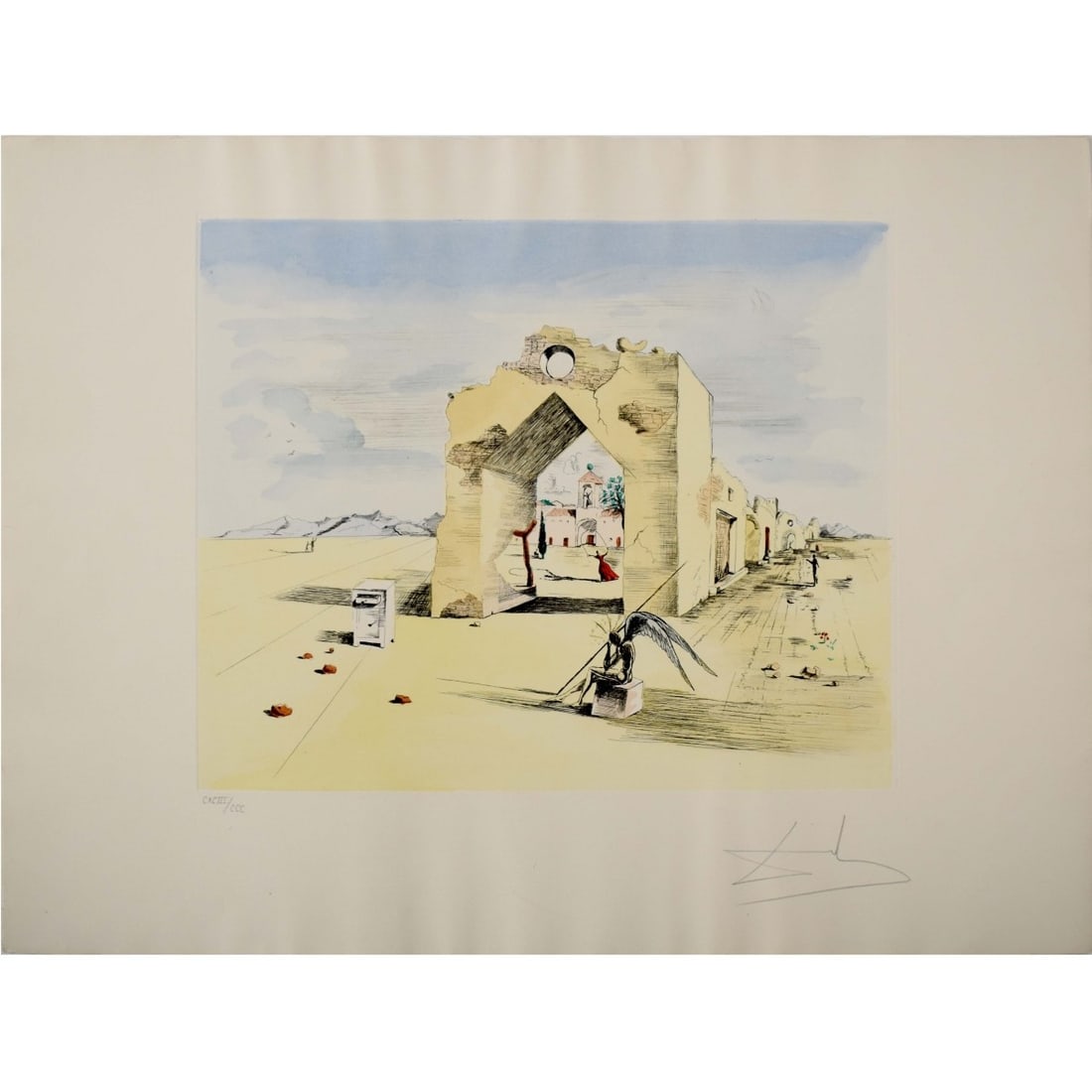 Salvador Dali, Spanish (1904-1989): Salvador Dali, Spanish (1904-1989) Rare Limited Edition Colored Etching "Paronic Village". Artist signed and numbered CXCIII/CCC in pencil on arches paper. Circa 1983. Image area measures: 15-1/4"