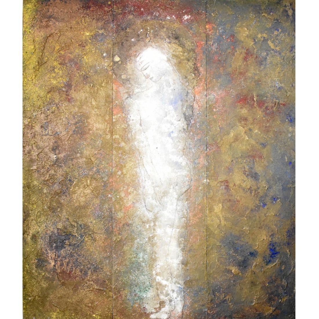 Jamali, Pakistani American, (born 1944): Jamali, Pakistani American, (born 1944) Monumental Three (3) Panel Fresco Tempura Oil Painting on Acrylic Sheet. Very heavy textured abstract composition of a standing figure featuring metallic