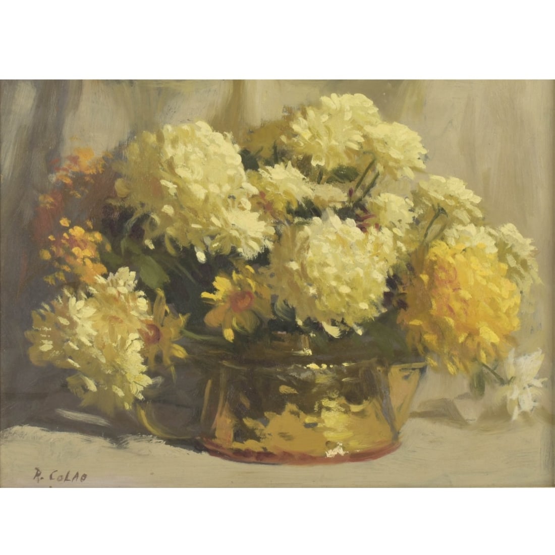 Rudolph Colao, American (1927-2014): Rudolph Colao, American (1927-2014) Still Life of Flowers in a Metal Vase. Oil on board. Signed bottom left hand corner. Image area measures: 11-1/2" high, 15-1/2" wide, frame measures: 19-1/2" high,