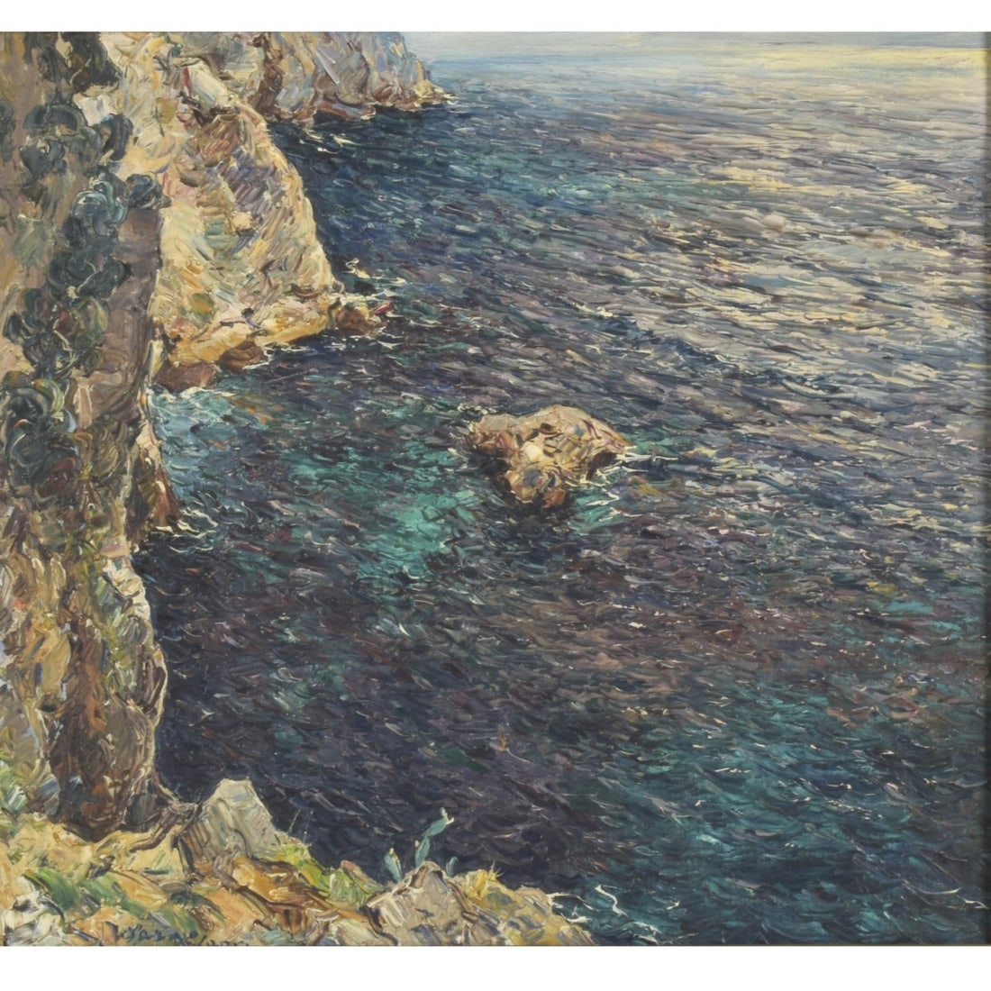 Matteo Sarno, Italian (1894-1957): Matteo Sarno, Italian (1894-1957) Rocks in Front of Capri. Oil on canvas. Framed. Titled bottom left hand corner and name plate to the front of the frame. Stretcher measures: 18-1/2" high, 19-3/4"