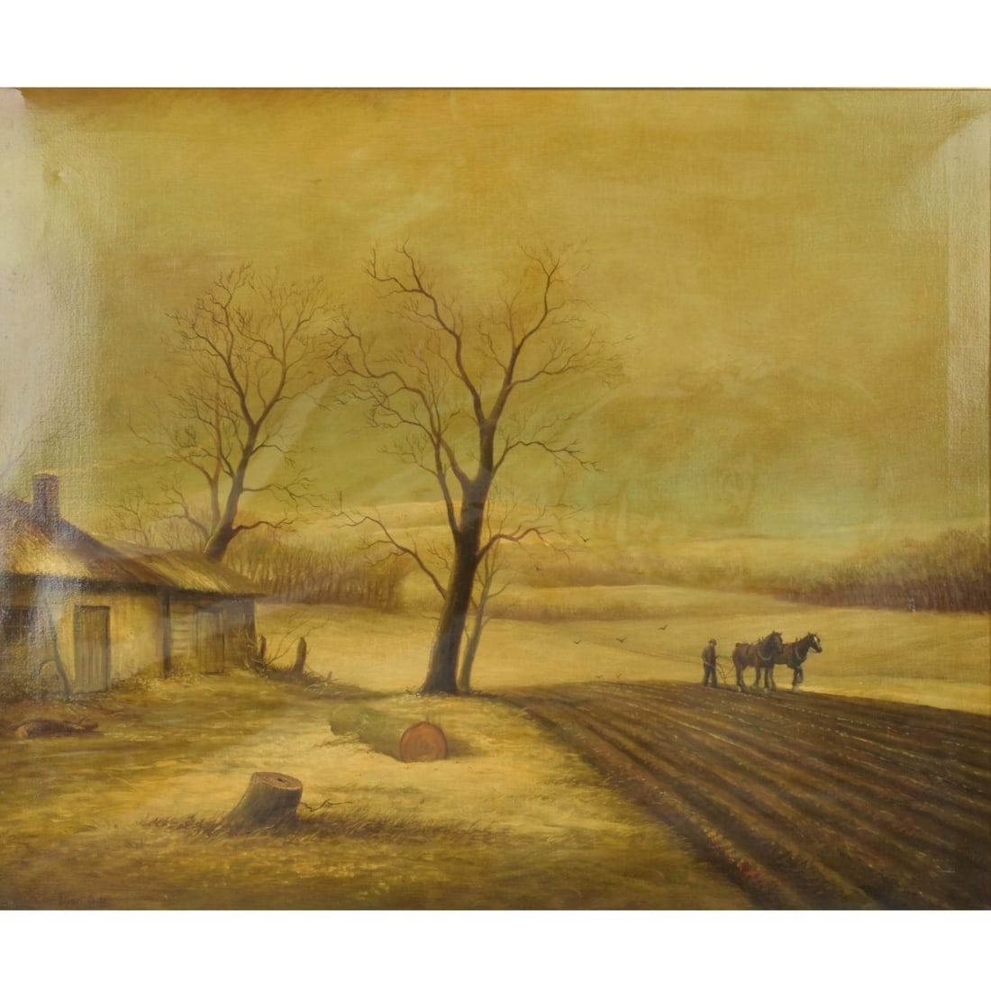 Brian Coole, British (1939-2017): Brian Coole, British (1939-2017) Oil on Canvas Painting. "Country Scene" of a Cottage and a Horse Plowing a Field. Signed bottom left-hand corner. Image area measures: 23-1/2" high, 28-1/2" wide,