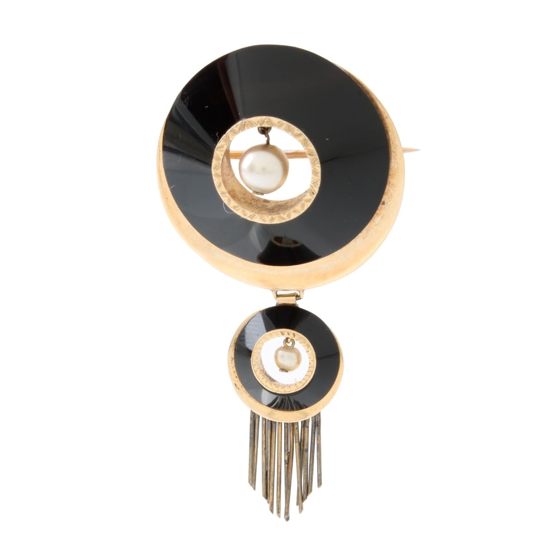Onyx, Pearl and 14K Brooch: Antique 19th Century Black Onyx, Pearl and 14 Karat Yellow Gold Brooch with Tassel Pendant. Measures 2-1/4" L, 1-1/8" W. Approx. weight: 8.42 grams. Kodner Galleries offers phone and absentee bidding 