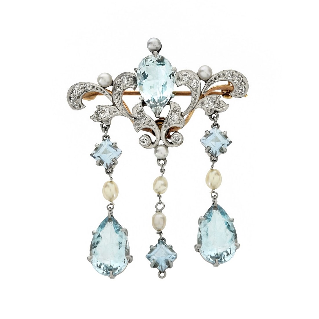 Aquamarine, Diamond, Pearl & 14K Pendant: Antique Circa 1900 Art Nouveau Rose Cut Aquamarine, Old European Cut Diamond, Natural Pearl and 14 Karat Yellow Gold Pendant / Brooch. Aquamarines with good color and clarity. Measures 1-3/4" L, 1-3/8