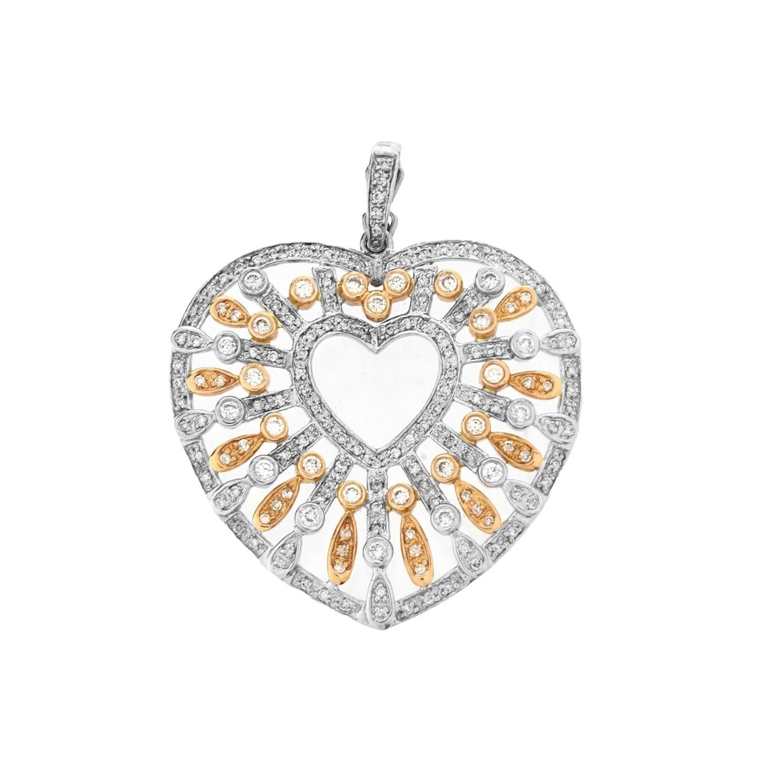 Diamond and 18K Pendant: Approx. 3.0 Carat TW Round Brilliant Cut Diamond and 18 Karat White and Yellow Gold Heart Pendant. Diamonds G-H color, VS1-VS2 clarity with some SI1. Signed Sonia B, stamped 18K. Measures 1-3/4" L, 1-