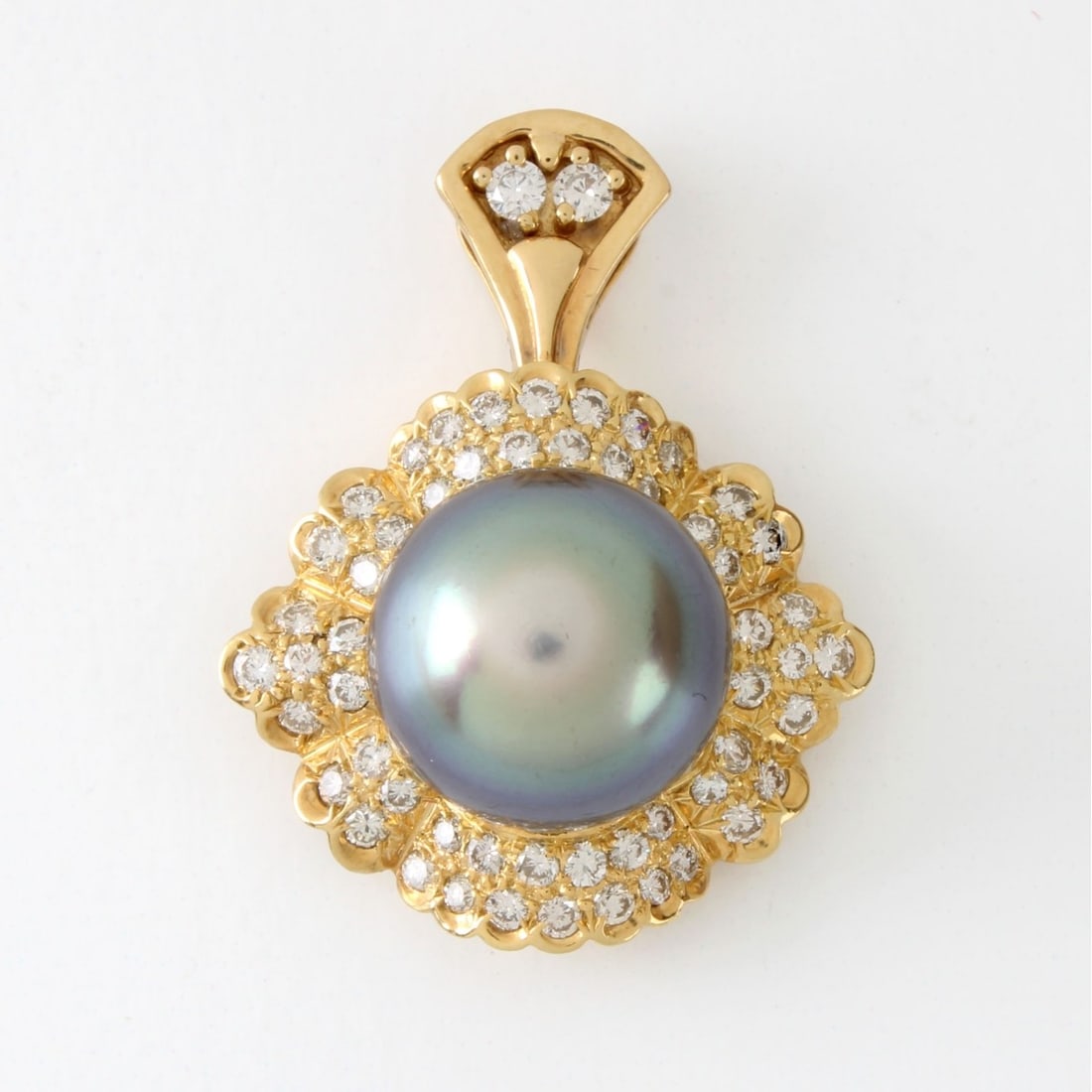 Pearl, Diamond and 14K Pendant: Vintage 12.0mm Tahitian Black Pearl, Round Brilliant Cut Diamond and 14 Karat Yellow Gold Pendant. Pearl with good luster and polish. Diamonds G-H color, VS1-VS2 clarity. Stamped 14K. Measures 1-1/4" 