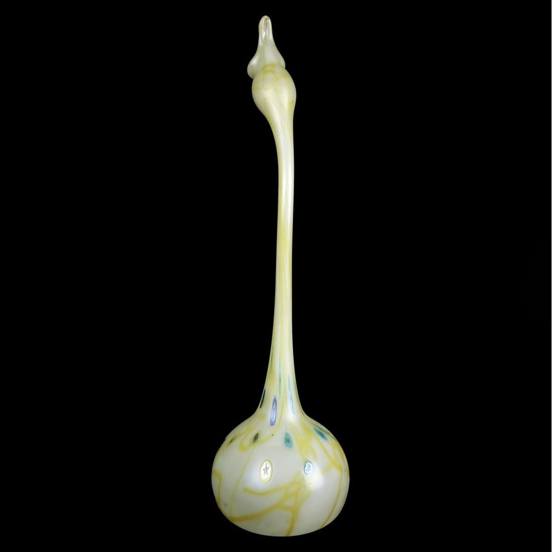Louis Comfort Tiffany Vase: Louis Comfort Tiffany Favrile Glass Gooseneck Sprinkler Vase. Signed L.C. Tiffany Favrile D205 on base side. Measures 19". Kodner Galleries offers phone and absentee bidding at a low, flat 21%