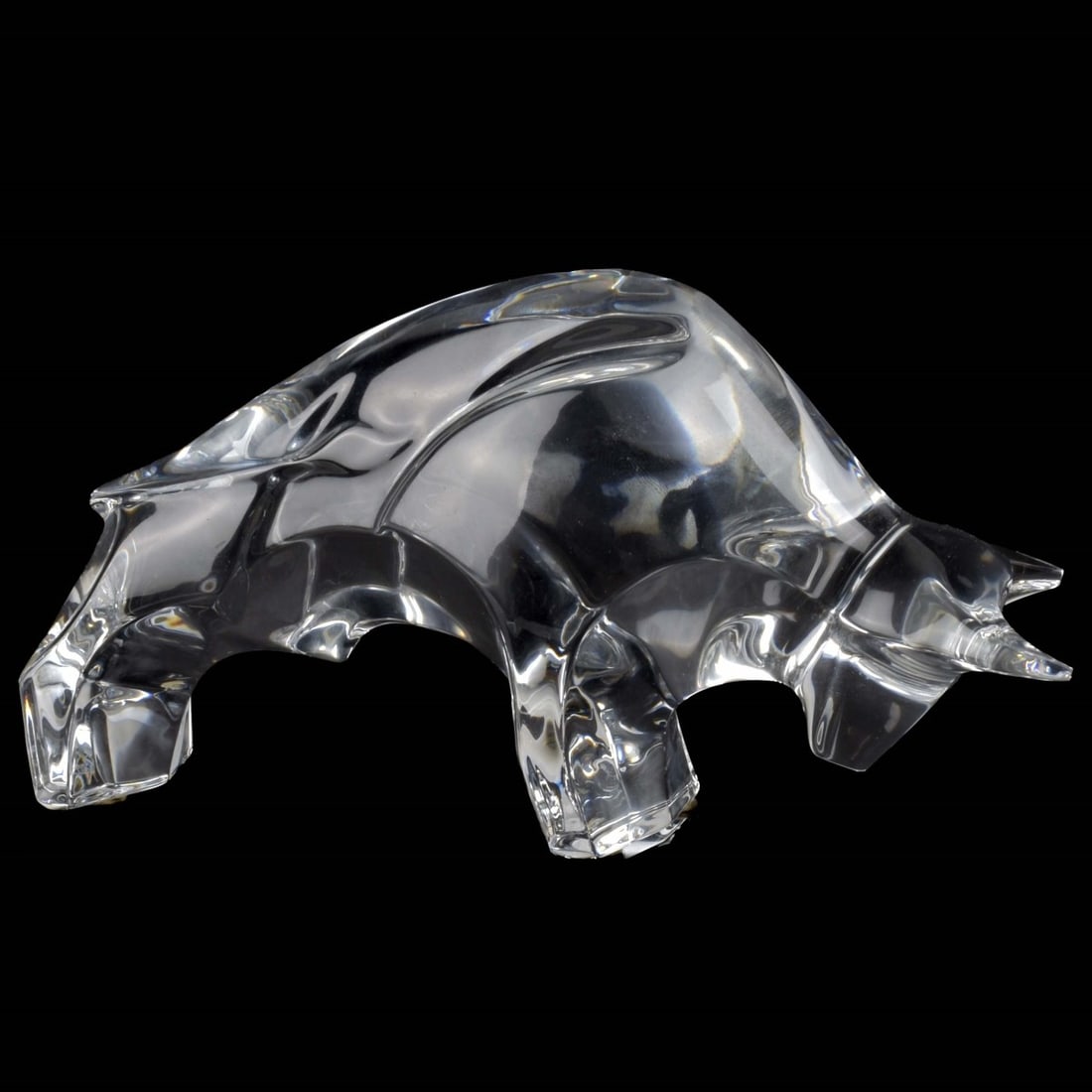 Baccarat Crystal Bull Figurine: Baccarat Crystal Bull Figurine. Properly marked to the underside. Measures: 4" high, 8" long, 3-1/4" wide. Kodner Galleries offers phone and absentee bidding at a low, flat 21% buyer?s premium