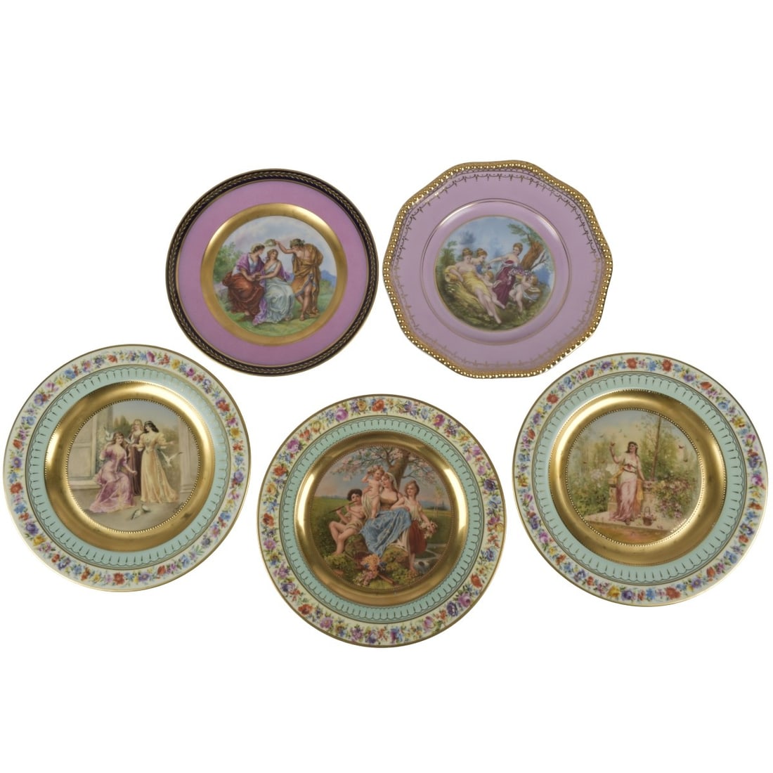 Group of Porcelain Cabinet Plates: Group of Five (5) Porcelain Cabinet Plates. Three (3) plates marked with the Royal Vienna beehive mark to the backs, measures: 10-3/4" diameter, one (1) Rosenthal plate, measures: 10" diameter, one