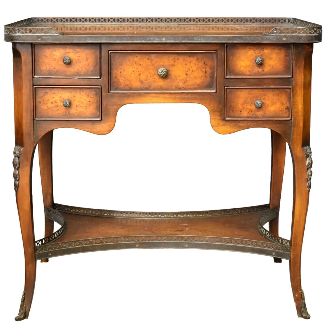 Burl Wood Gallery Table: 19th Century Burl Wood Gallery Table with Lower Shelf having Cabriolet Legs with Bronze Mounts. Measures: 29" high, 32" wide, 22" deep. Kodner Galleries offers phone and absentee bidding at a low,