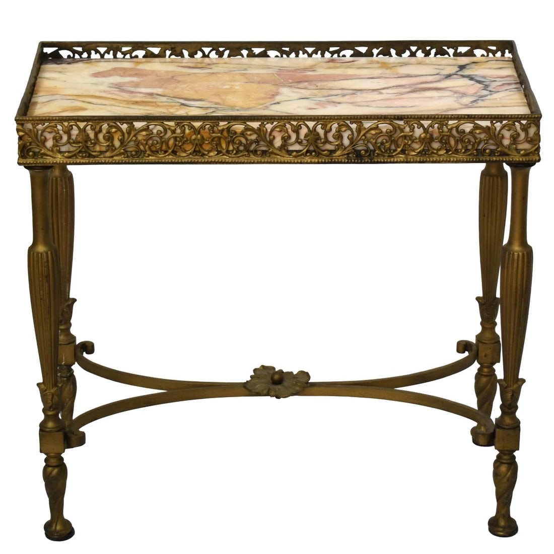Vintage French Regency Style Table: Vintage French Regency Style Gilt Brass and Marble Top Table. Measures: 19-1/2" high, 21" wide, 10" deep. Kodner Galleries offers phone and absentee bidding at a low, flat 21% buyer?s premium without