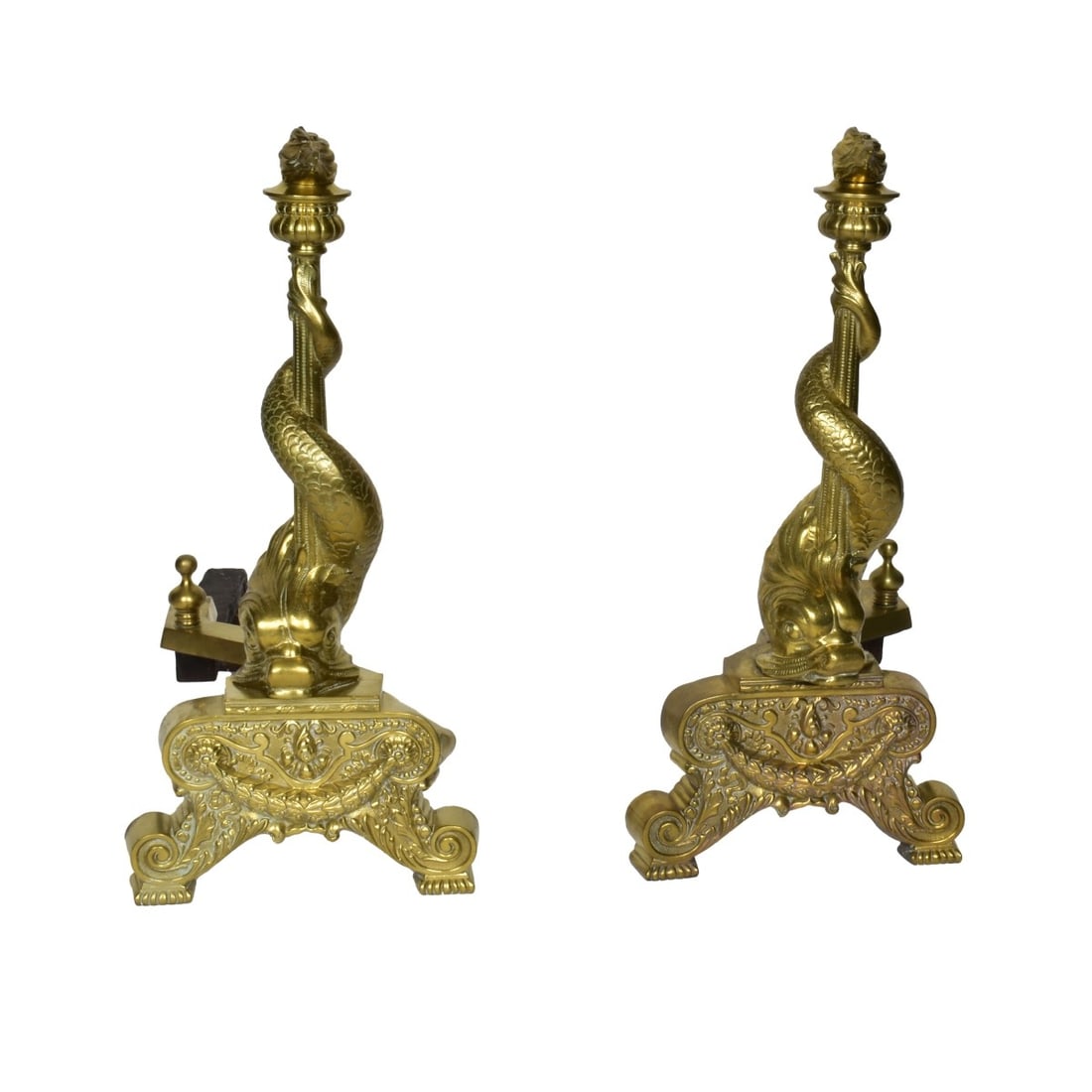 Pair of 19th C. Empire Style Chenets: Pair of 19th Century Empire Style Bronze Dolphin Chenets. Measures 24-1/4" x 11-1/4" x 20-3/4". Kodner Galleries offers phone and absentee bidding at a low, flat 21% buyer?s premium without surcharge