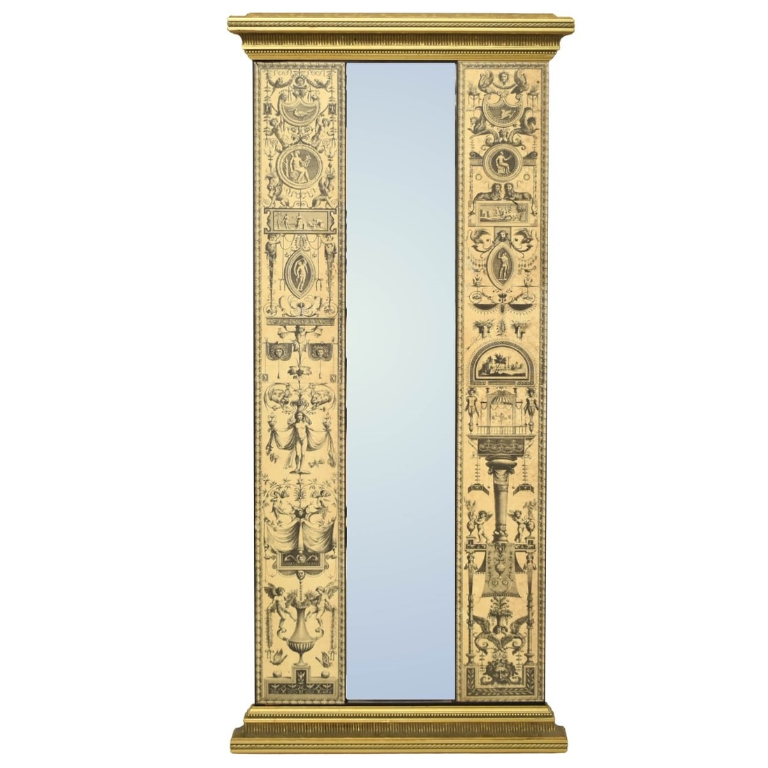 Neo-classical style Mirror: Vintage Italian Neoclassical style Wall Mirror with Print Engravings to Sides. Measures 41-1/2" H, 18-1/2" W. Kodner Galleries offers phone and absentee bidding at a low, flat 21% buyer?s premium with